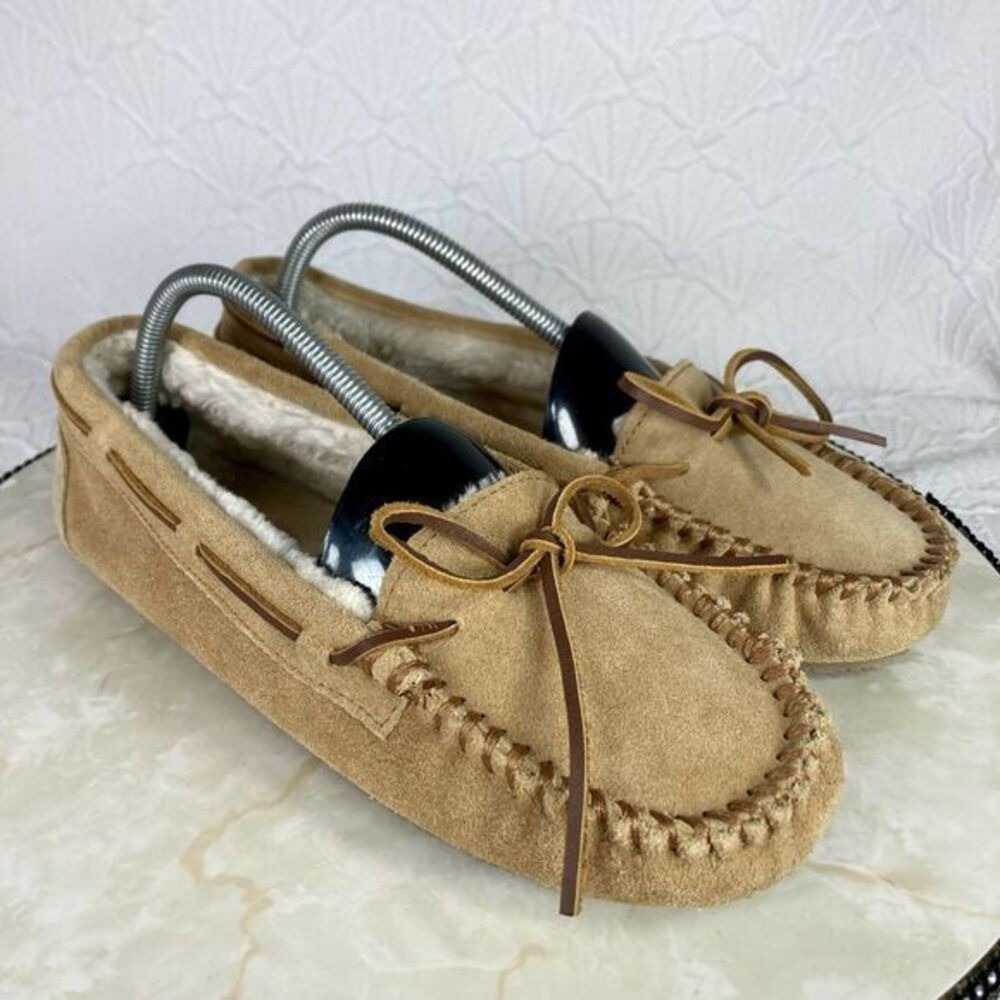 Minnetonka Lynda Suede Faux Fur Lined Moccasin Slippers Women 10 Tan Comfy Shoes